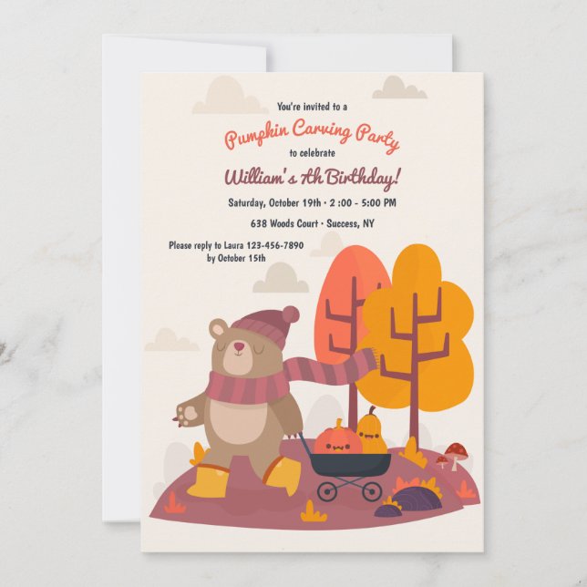 Fall Bear Hauling Pumpkins Invitation (Front)