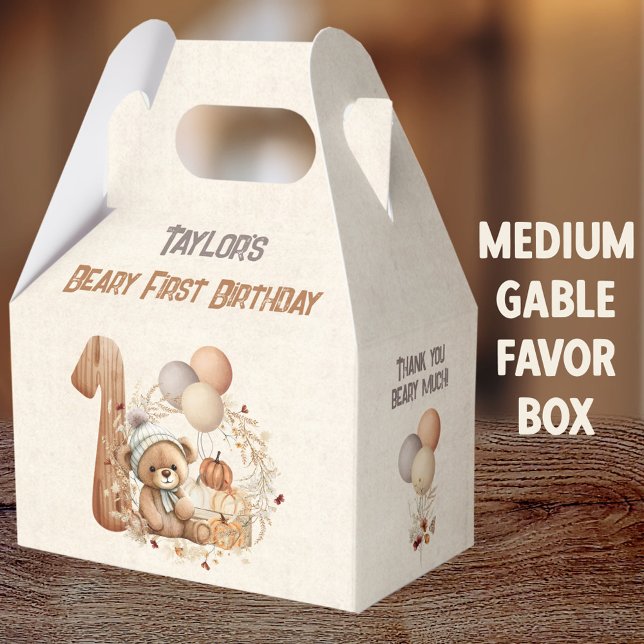Fall Bear Pumpkin Boy 1st Birthday Medium Gable Favor Box (Fall Bear Girl Medium Gable Favor Boxes - You can choose from 3 sizes of these gable favor boxes)