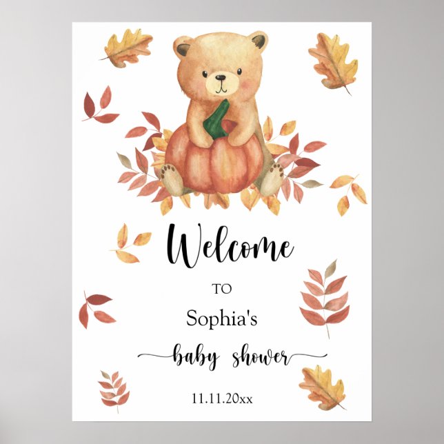 Fall Bear with Pumpkin - Welcome baby shower Poster (Front)