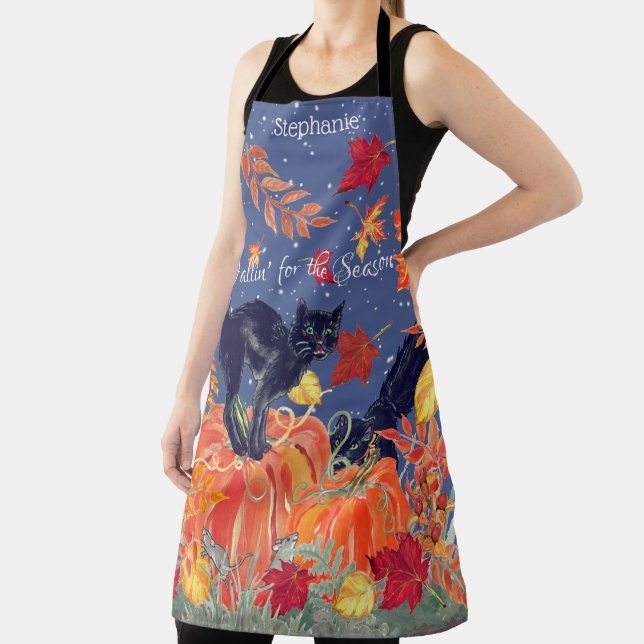 Fall Black Cat Leaves Pumpkin Custom Halloween Apron (Insitu)