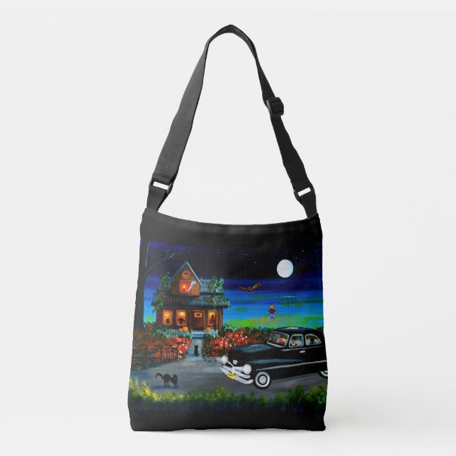 Fall Black Cats Haunted House Old Car Halloween Crossbody Bag (Front)