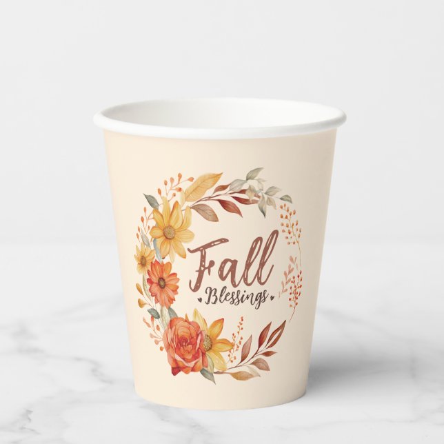Fall Blessings – Autumn Leaves & Floral Wreath Paper Cups (Front)