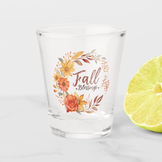 Fall Blessings – Autumn Leaves & Floral Wreath Shot Glass (Front)