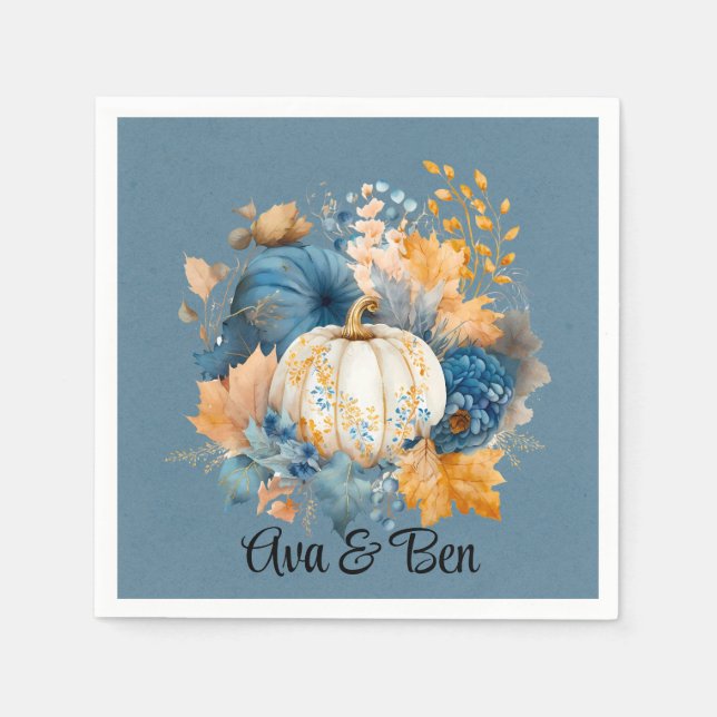 Fall Blue and Orange Pumpkin Peony Wedding Napkin (Front)