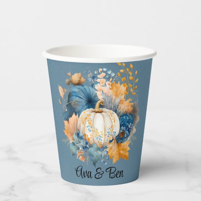 Fall Blue and Orange Pumpkin Peony Wedding Paper Cups (Front)