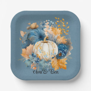 Fall Blue and Orange Pumpkin Peony Wedding Paper Plate