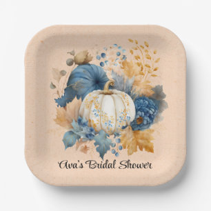 Fall Blue and Orange Pumpkin Peony Wedding Paper Plate