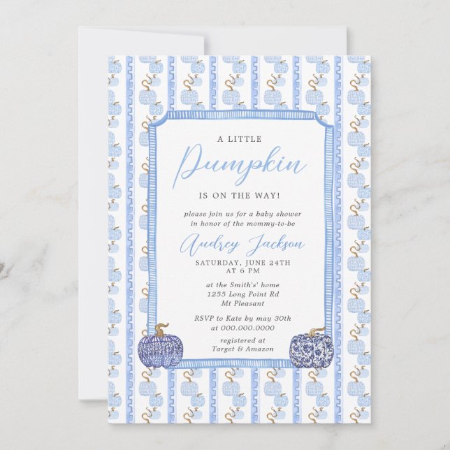 Fall Blue Chinoiserie Blue Pumpkin Baby Shower Invitation (Front)