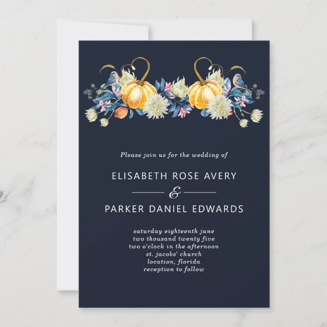 Fall Blue Floral Pumpkin Wedding Invitation (Front)