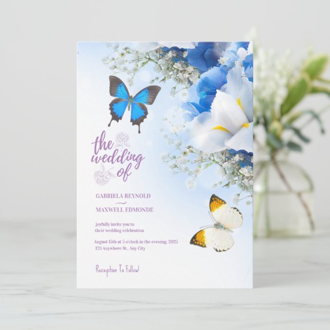 Fall Blue Nature Butterfly Hydrangea Wedding Invitation (Standing Front)