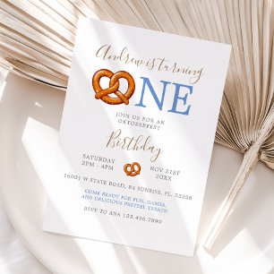 Fall Blue Octoberfest Pretzel Turning One Birthday Invitation