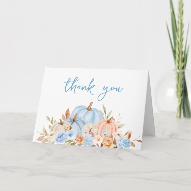 Fall Blue Pumpkin Baby Shower  Thank You Card (Front)