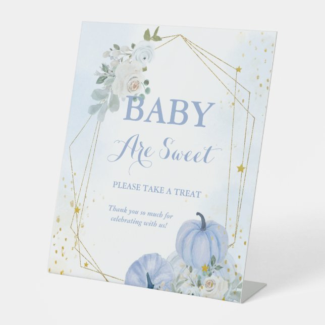 Fall Blue Pumpkin Boy baby shower Favour sign (Front)