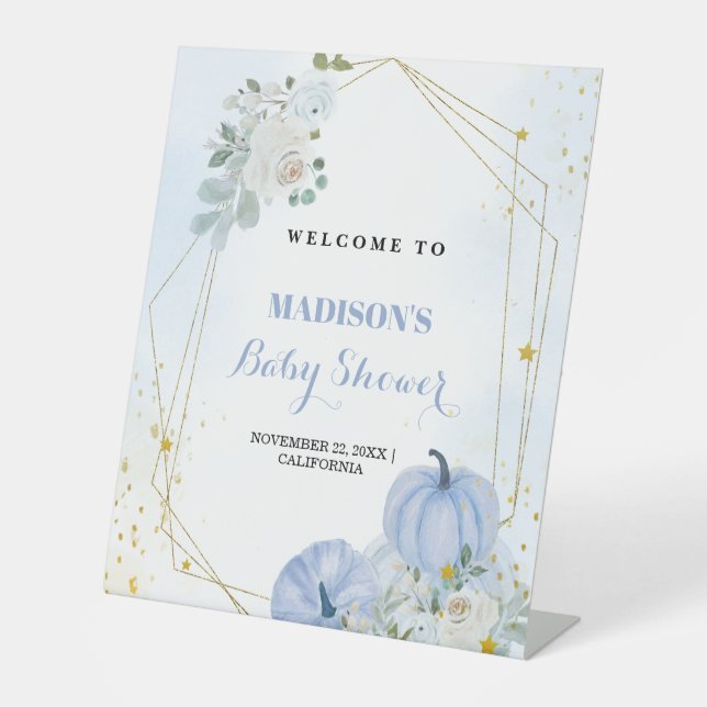 Fall Blue Pumpkin  Boy Baby shower Welcome Sign (Front)