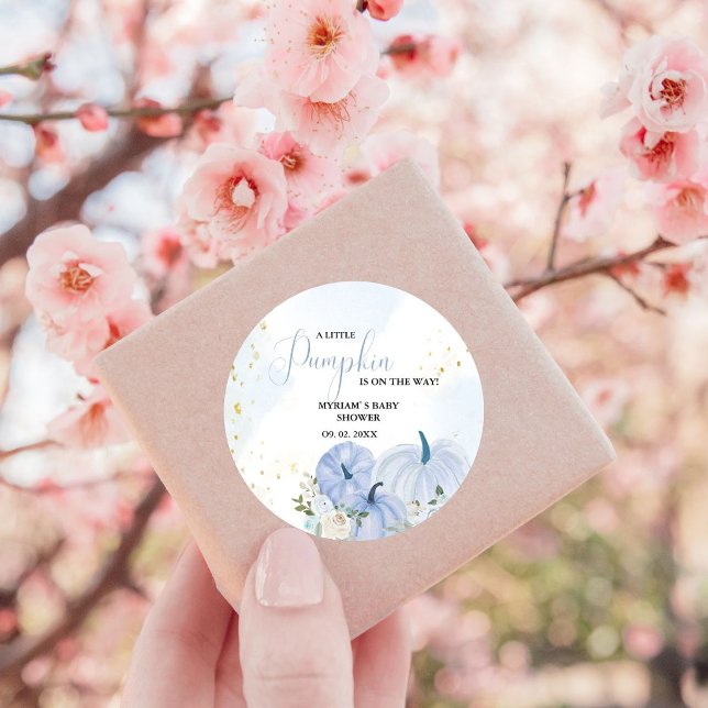Fall Blue Pumpkin  Floral Boy  Baby shower  Classic Round Sticker (Creator Uploaded)