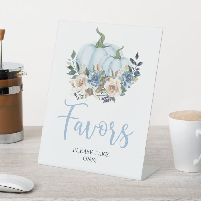 Fall Blue Pumpkin Floral Boy Shower Favours Pedestal Sign (In SItu)