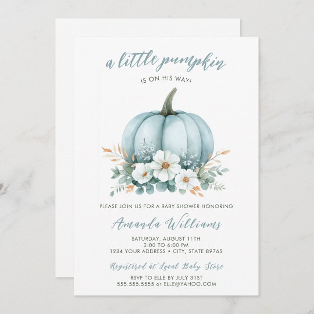 Fall Blue Pumpkin Floral Eucalyptus Baby Shower Invitation (Front/Back)