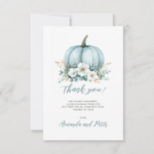 Fall Blue Pumpkin Floral Eucalyptus Baby Shower Thank You Card