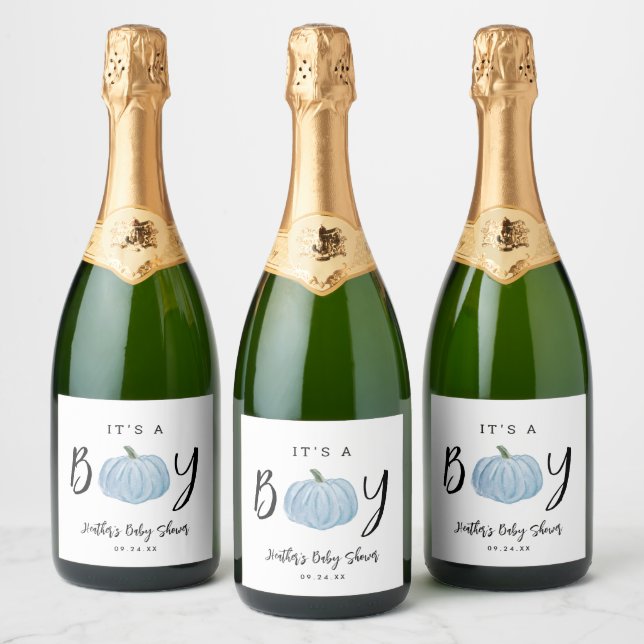 Fall Blue Pumpkin It's A Boy Baby Shower Favour Sparkling Wine Label (Bottles)