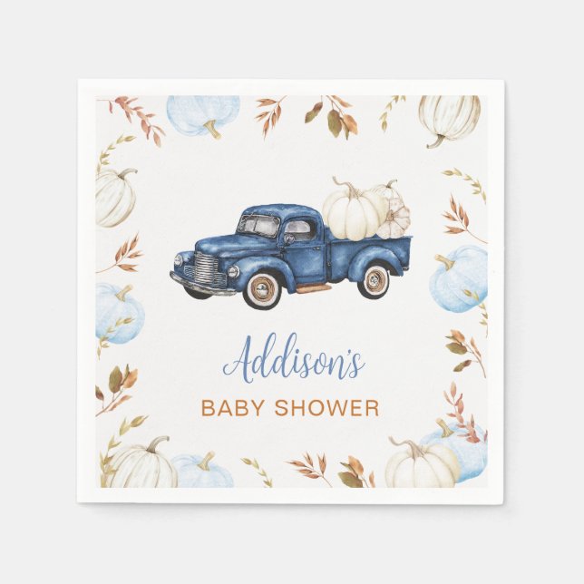 Fall Blue Pumpkin Truck Baby Shower Napkin (Front)