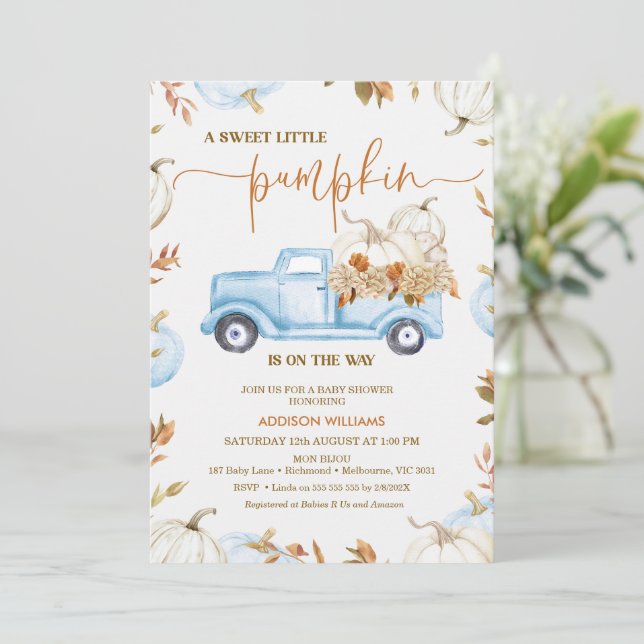 Fall Blue Pumpkin Truck Little Pumpkin Baby Shower Invitation (Standing Front)