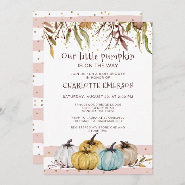 Fall Blush Pink Gold Pumpkin Baby Shower Invitation (Front/Back)