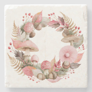 Fall Blush Woodland Mushroom and Acorn Circle Stone Coaster