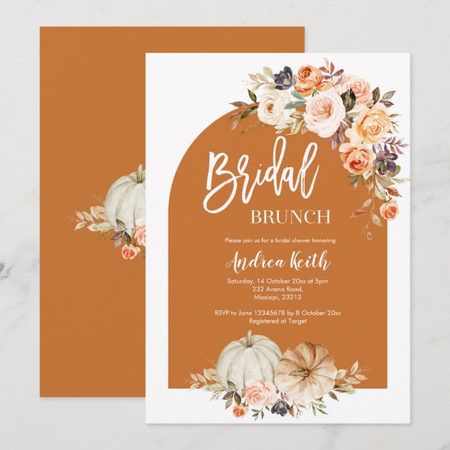 Fall Boho Arch pumpkin burnt orange bridal brunch Invitation (Front/Back)