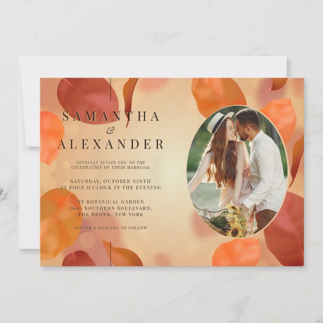 Fall Boho Burnt Orange Leaves QR Code Wedding Invitation (Front)