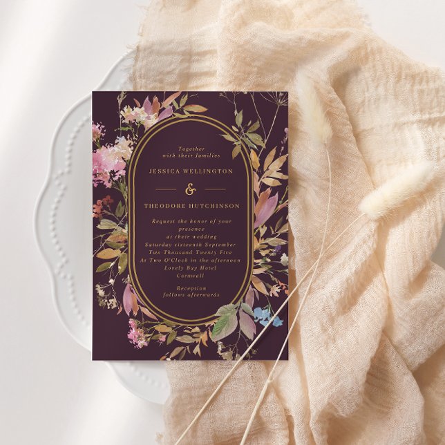 Fall Boho Eggplant Wildflowers Frame Wedding Invitation (Creator Uploaded)