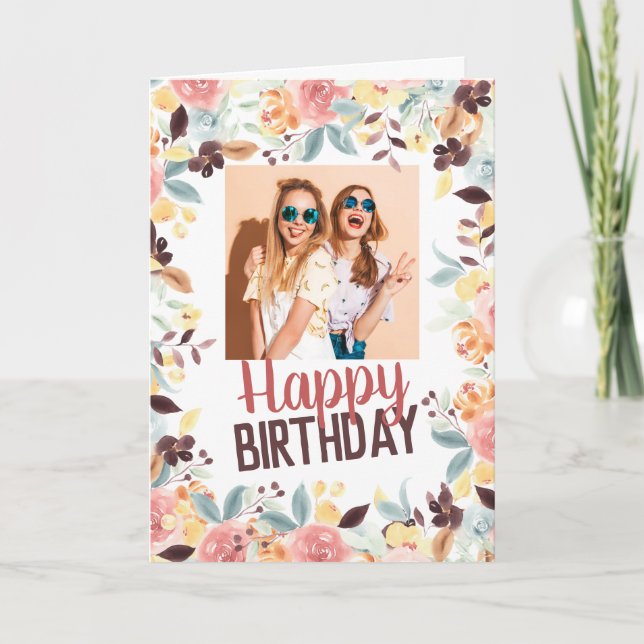 Fall boho floral happy birthday photo card (Front)
