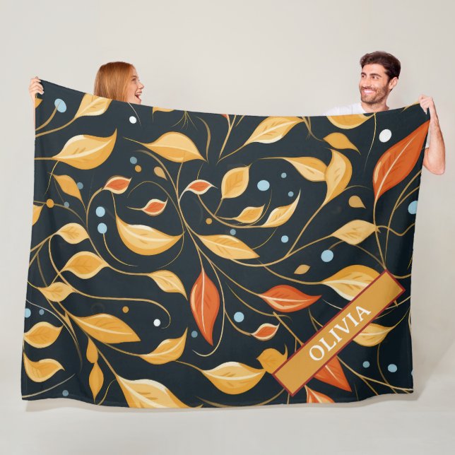 Fall Boho Floral Leaf Custom Design  Fleece Blanket (In Situ)