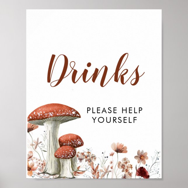 Fall Boho Mushroom Floral Baby Shower Drinks Sign (Front)