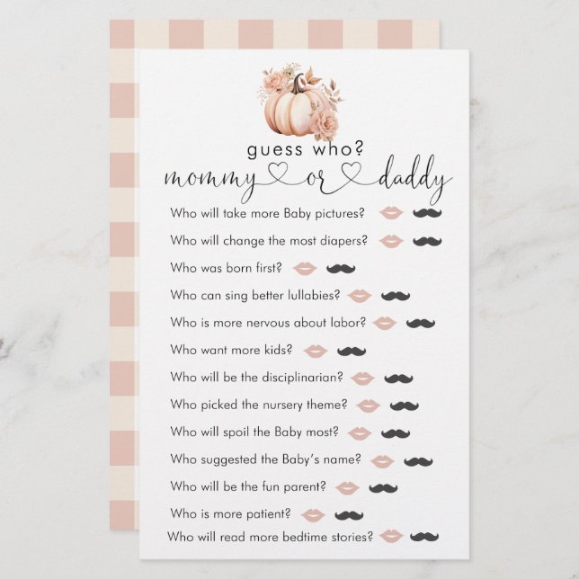 Fall Boho Pumpkin Baby Shower  "Guess Who" Game (Front/Back)