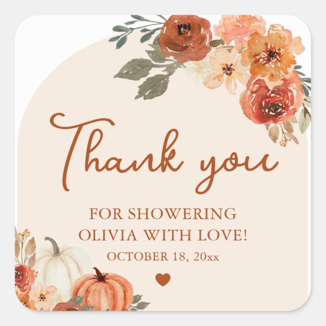 Fall Boho Pumpkin Bridal Shower Thank You Favour Square Sticker (Front)