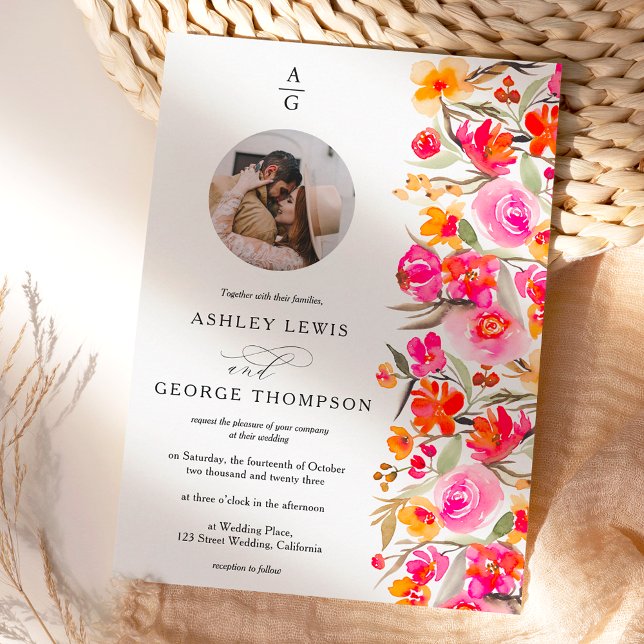 Fall boho red orange floral initials photo wedding invitation (Creator Uploaded)