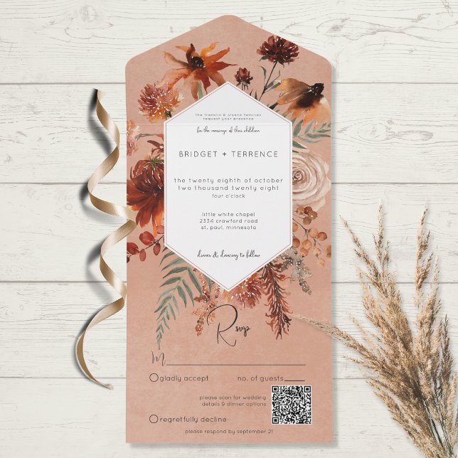 Fall Boho Rust & Peach Floral Frame QR Code All In One Invitation (Creator Uploaded)