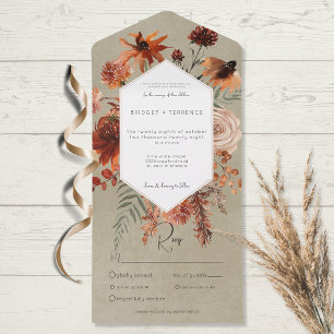 Fall Boho Rust & Peach Floral Frame Sage Dinner All In One Invitation