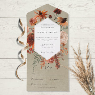 Fall Boho Rust & Peach Floral Frame Sage No Dinner All In One Invitation