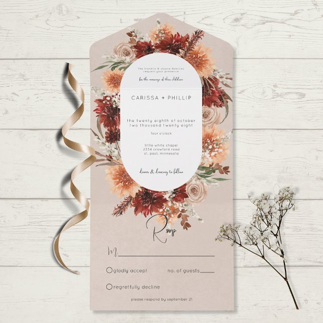 Fall Boho Rust Peach Floral Oval Beige No Dinner All In One Invitation (Creator Uploaded)