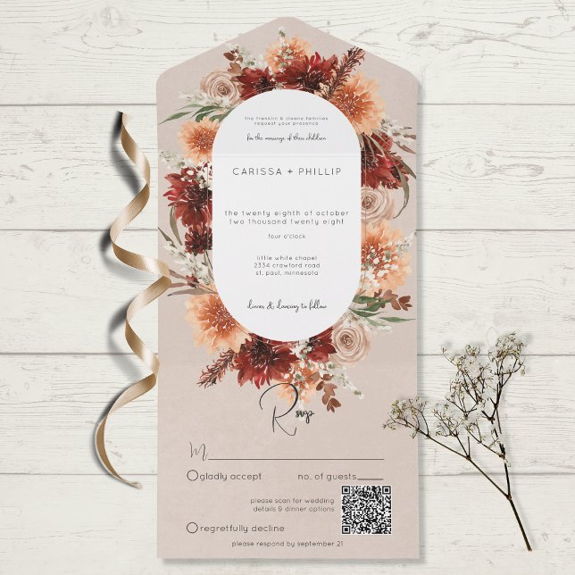 Fall Boho Rust & Peach Floral Oval Beige QR Code All In One Invitation (Creator Uploaded)