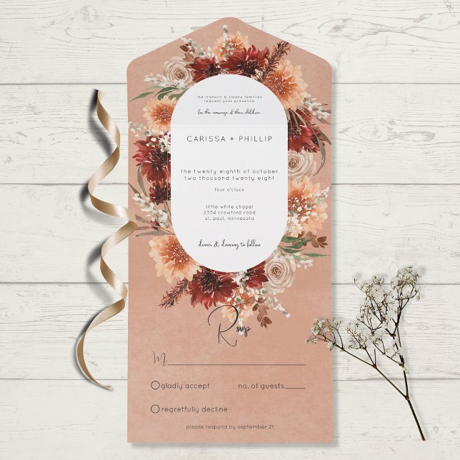 Fall Boho Rust & Peach Floral Oval No Dinner All In One Invitation (Creator Uploaded)