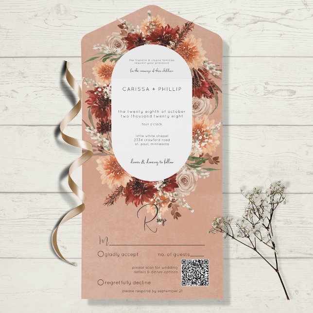 Fall Boho Rust & Peach Floral Oval QR Code All In One Invitation (Creator Uploaded)