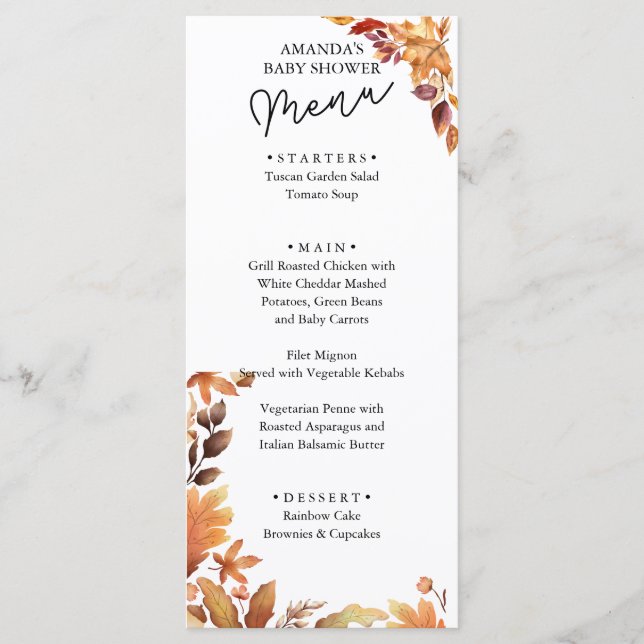 Fall boho Rustic Baby Shower  Menu (Front)