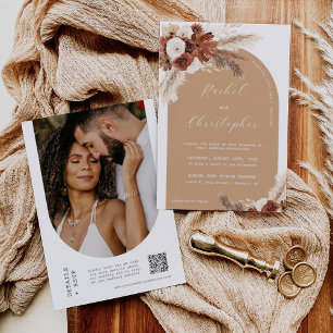 Fall Boho Wedding Pampas Grass Arch Photo QR Code Invitation