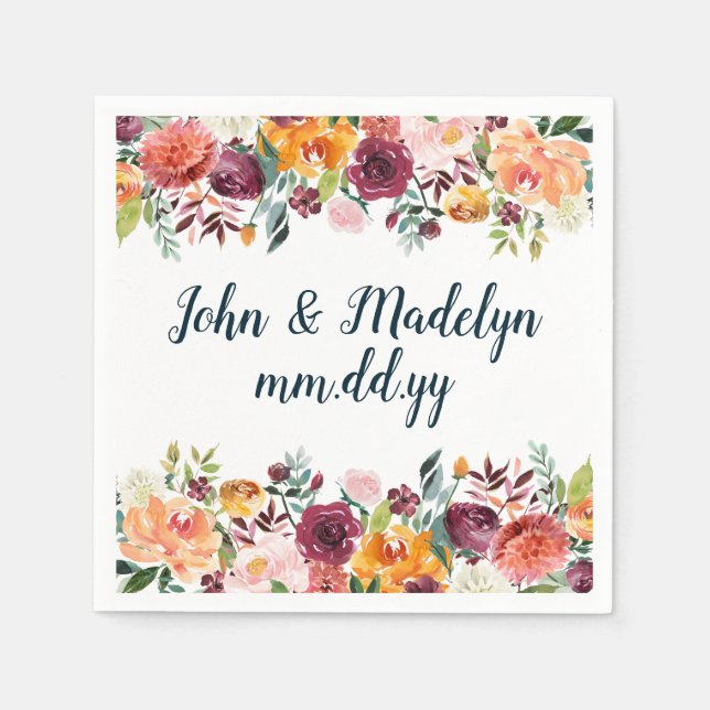 Fall Boho Wedding Serviette Personalized Floral Napkin (Front)