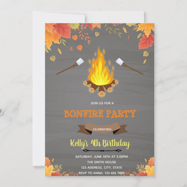 Fall bonfire camp theme party invitation (Front)