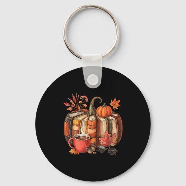 Fall Book Pumpkin Retro Reading Halloween Teacher  Keychain (Front)