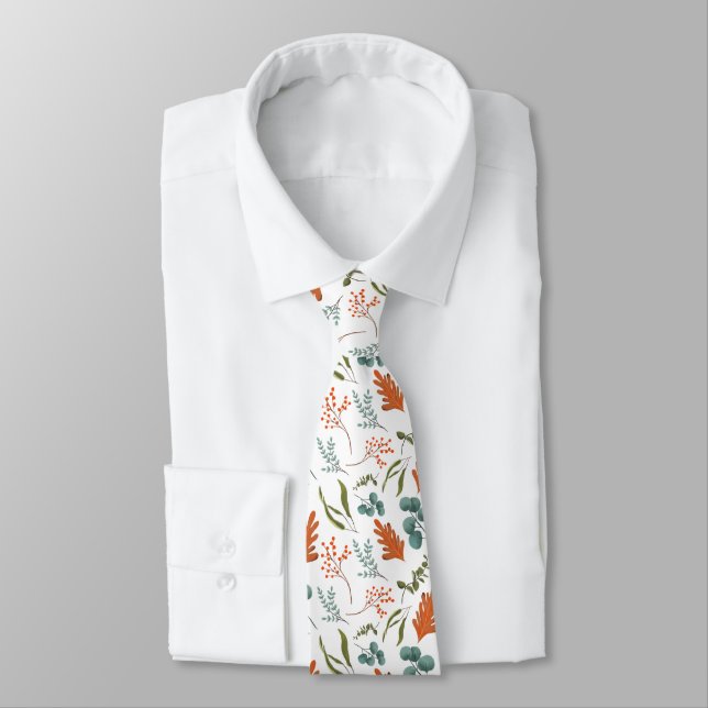 Fall Botanical Leaves and Berry Pattern Tie (Tied)