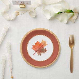 Fall Botanical Maple Leaves & Terracotta Stripe Paper Plate